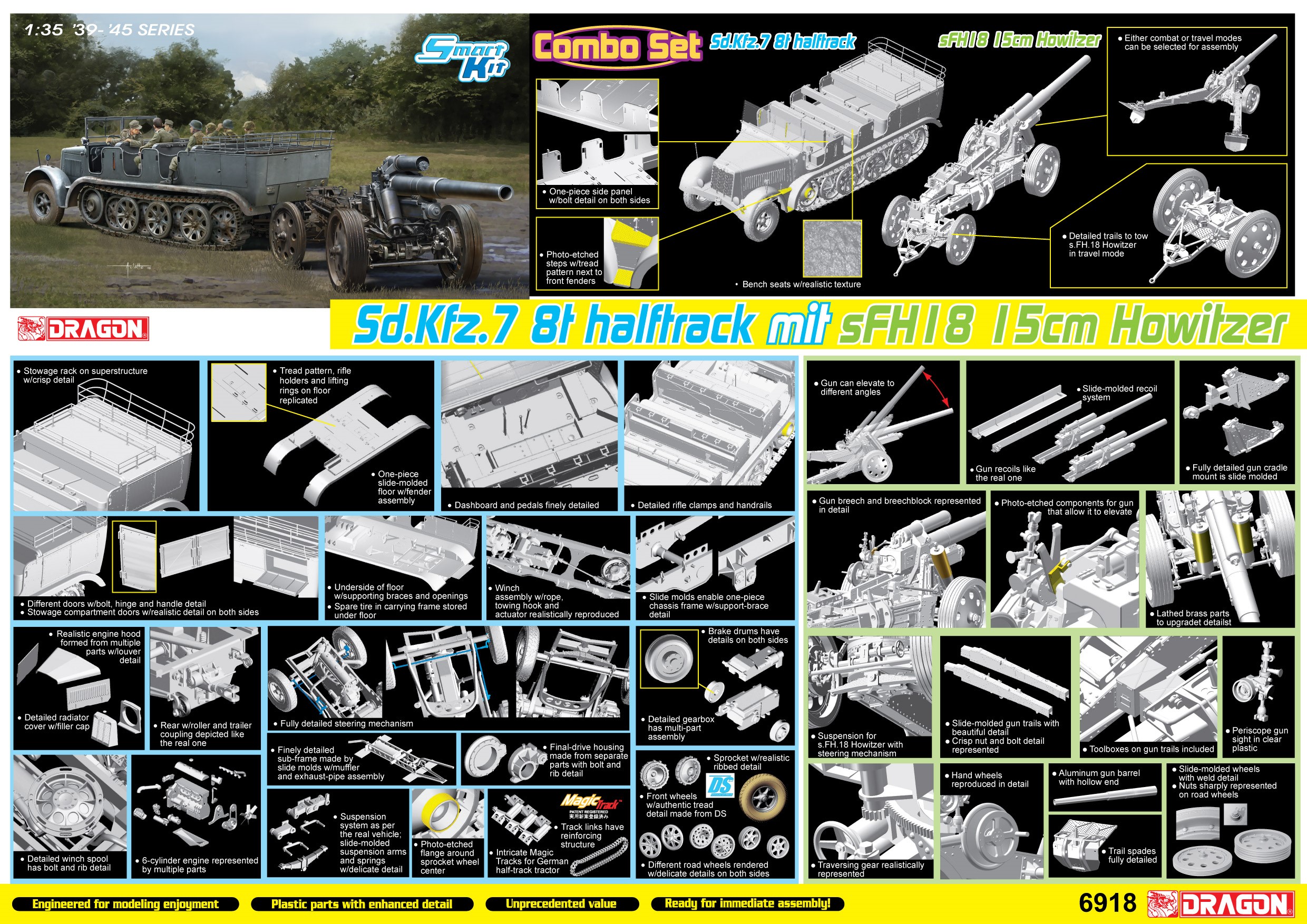 6918 Sd Kfz 7 8 T Halftrack S Fh 18 Howitzer Dragon Plastic Model Kits