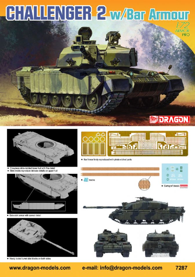 7287 - 1/72 Challenger 2 w/BAR Armour - Dragon Plastic Model Kits